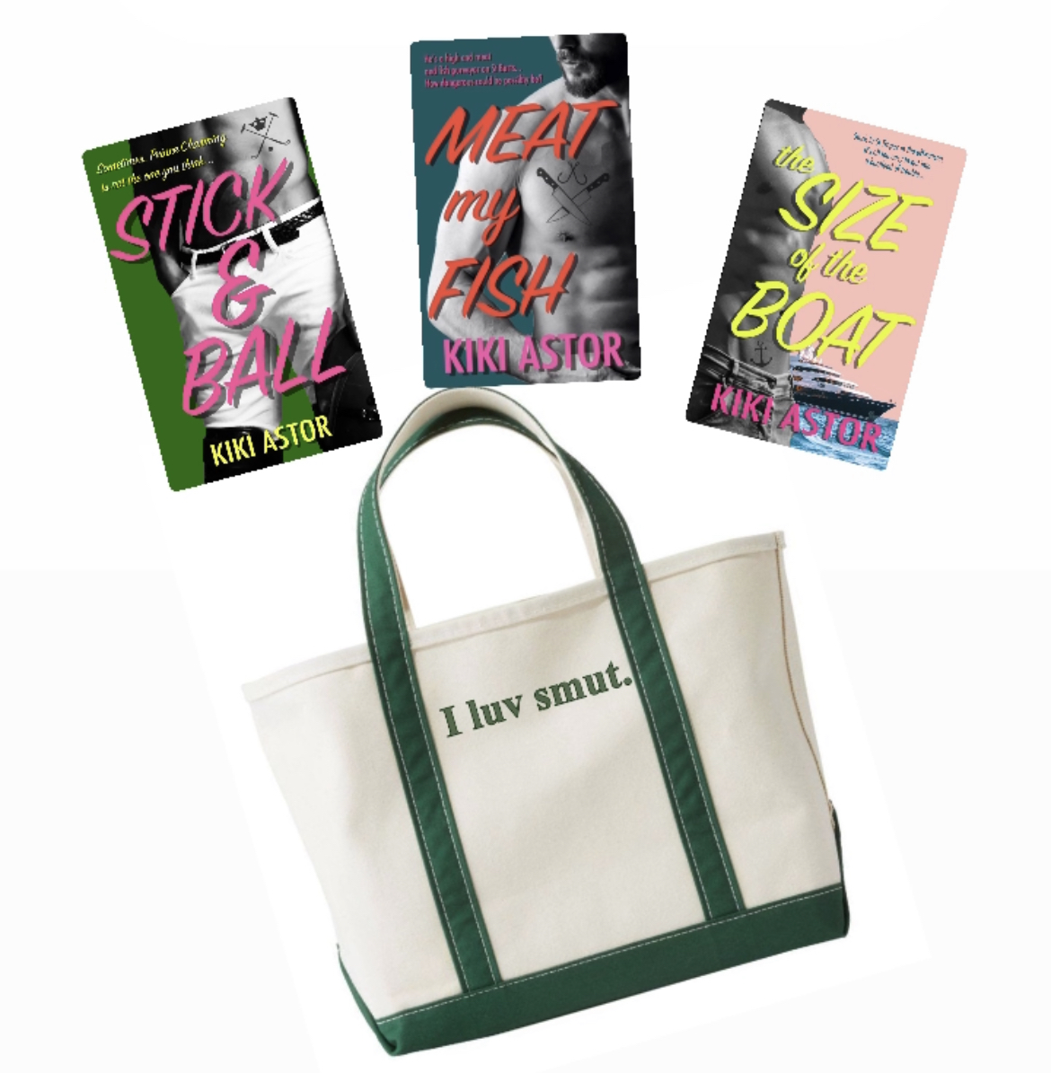 LL Bean Boat and Tote with custom embroidery reading "I luv smut" with three of Author Kiki Astor's books: Stick and Ball, Meat my Fish, and The Size of The Boat